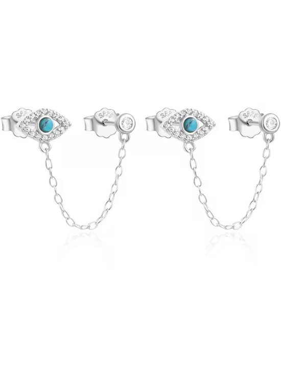 Unbranded Jewelry - 925 Sterling Silver Turquoise Evil Eye Double-Stud Chain Earrings